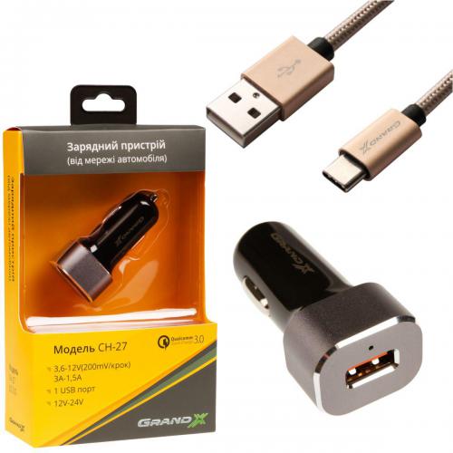    Grand-X Quick Charge Q3.0 + cable USB-TypeC USB 3.0, 3A, 1m (CH-27TC)