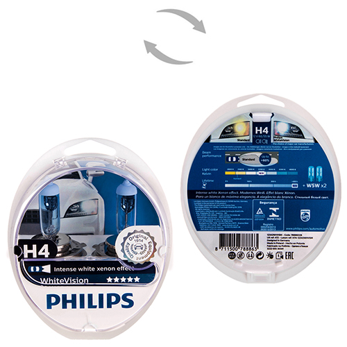��������� Philips White Vision H4 12V 60/55W P43t 2 �� (12342WHVSM) ����� ��������� ����� ����������� �����