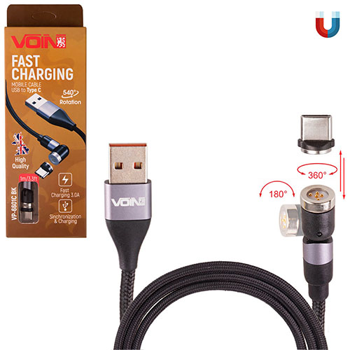������ ��������� ��������� VOIN USB - Type C 3�, 1m, black (������ �������/�������� �����)