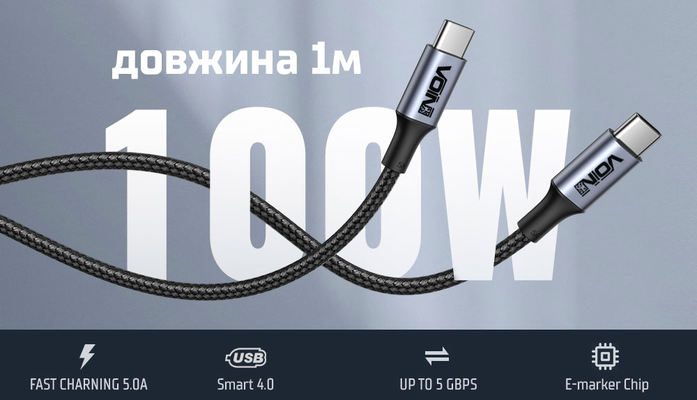 ������ VOIN Type C - Type C 5�/20V, QC4.0/PD 1m, black (������ ������� / �������� �����)