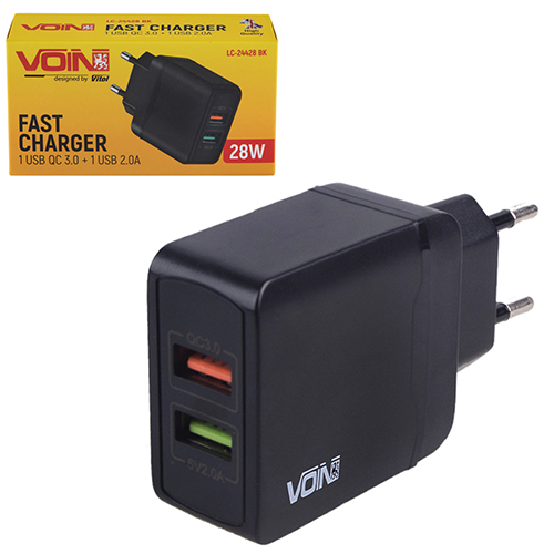 ��������� �������� ������� VOIN 28W, 2 USB, QC3.0 (Port 1-5V*3A/9V*2A/12V*1.5A. Port 2-5V2A)