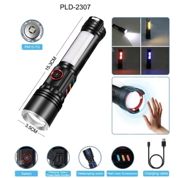 ˳���� NIGHT VISION FLUORESCENCE PLD-2307 WHITE LASER LED PM10-TG+COB(red+blue+yellow), Motion Sensor Li-Ion ����������, power bank, �� Type-C, zoom, Box