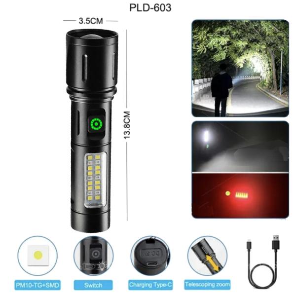˳���� PLD-603 WHITE LASER LED PM10-TG+18SMD (white+red), Li-Ion ��, ��������� ������, �� Type-C, zoom, Box