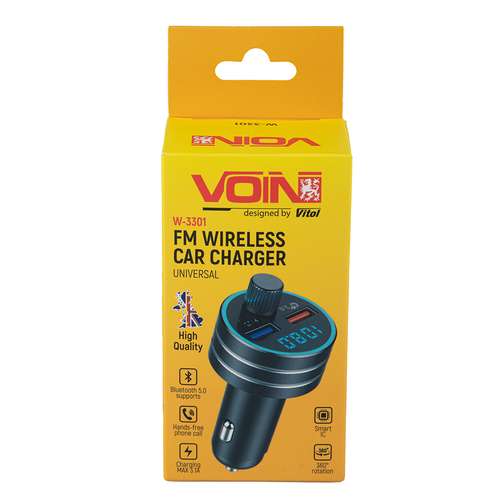 ��������� FM, VOIN W-3301, 12-24V 2 USB 3,1A, Bluetooth 5.0, Hands-free, ambient light