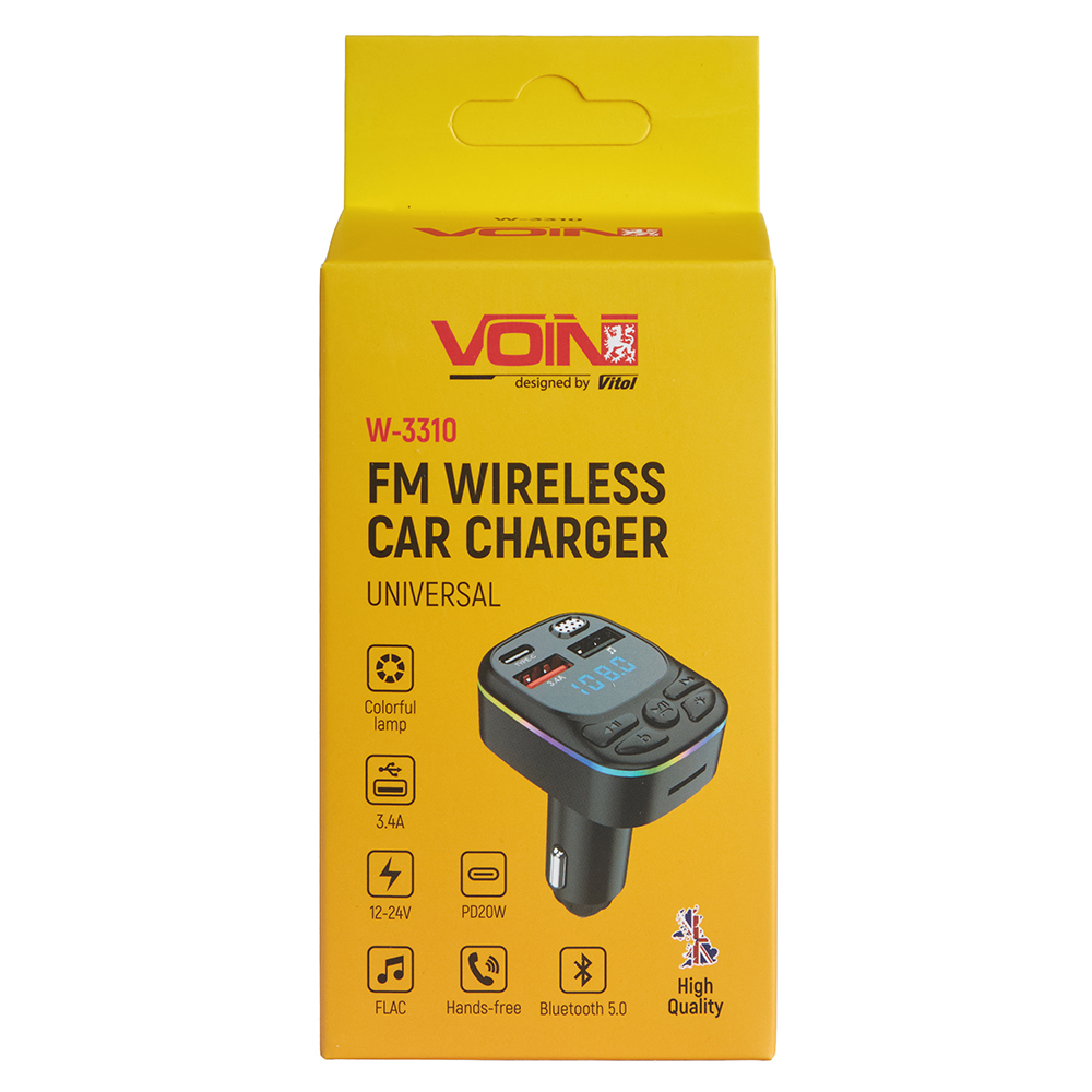 ��������� FM, VOIN W-3310, 12-24V 2 USB 3.4A, PD 20W, BT5.0, Hands free, ambient light