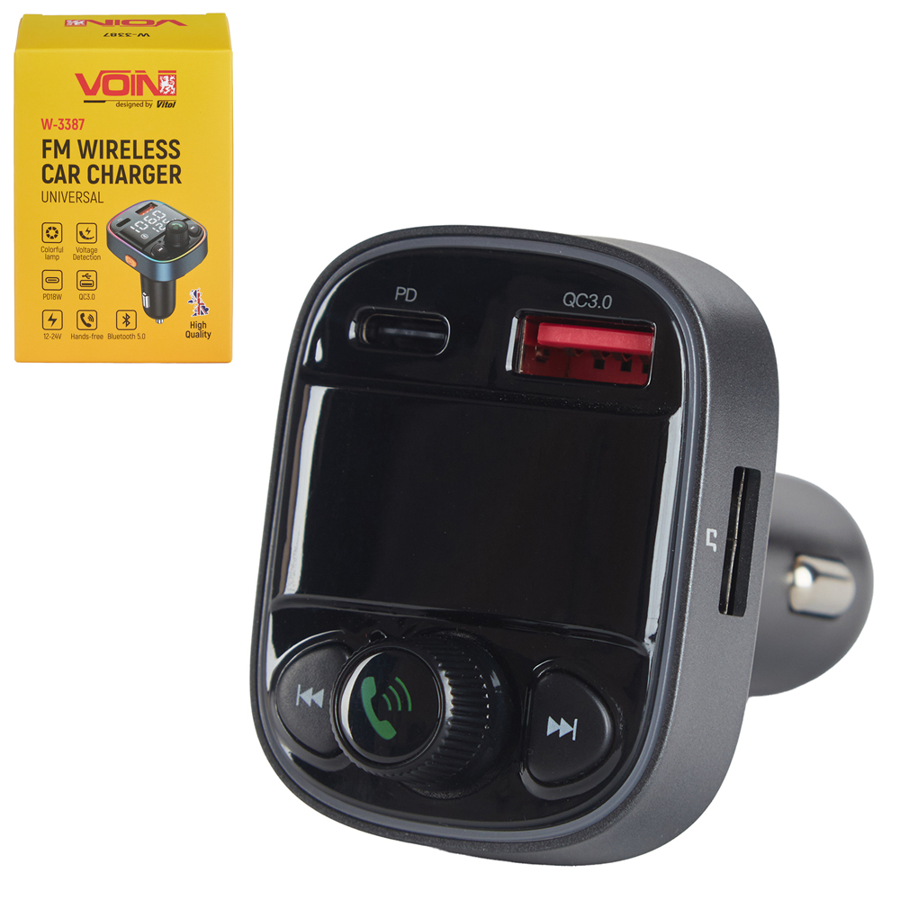 ��������� FM, VOIN W-3387, 12-24V 1 USB QC3.0, PD 18W, BT5.0, Hands free, ���������