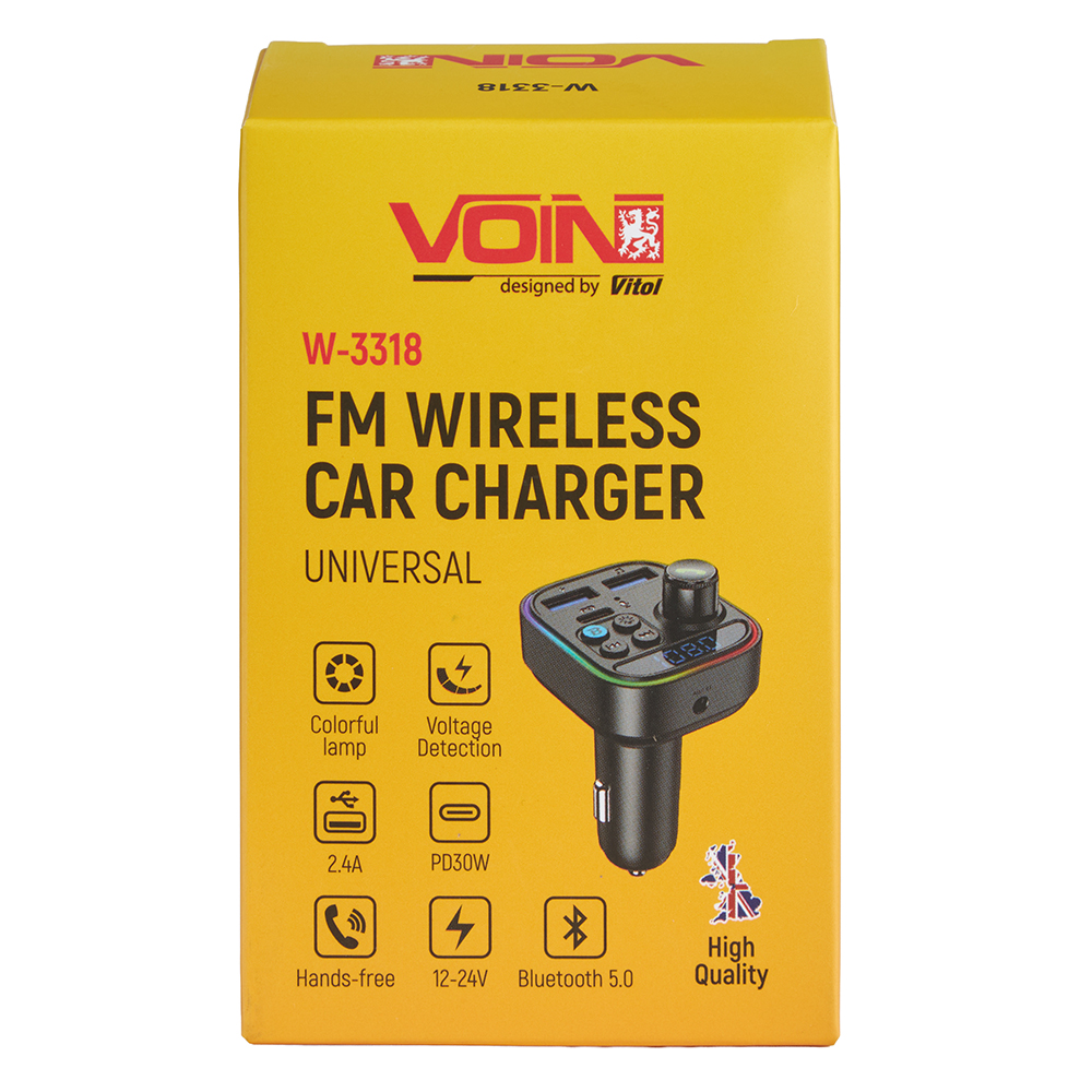 ��������� FM, VOIN W-3318, 12-24V 2 USB 2.4A, PD 30W, BT5.0, Hands free, ���������
