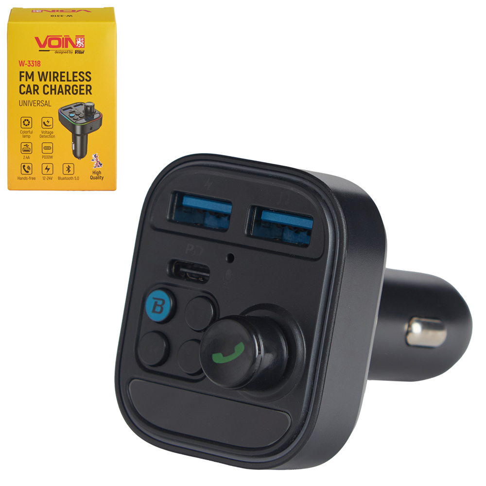 ��������� FM, VOIN W-3318, 12-24V 2 USB 2.4A, PD 30W, BT5.0, Hands free, ���������