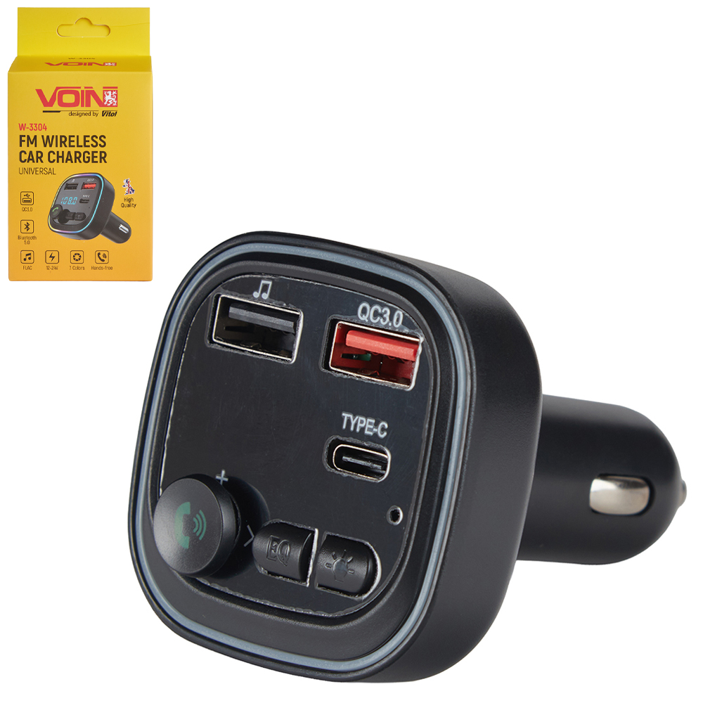 ��������� FM, VOIN W-3304, 12-24V 2 USB QC3.0, 1 Type C, BT5.0, Hands free