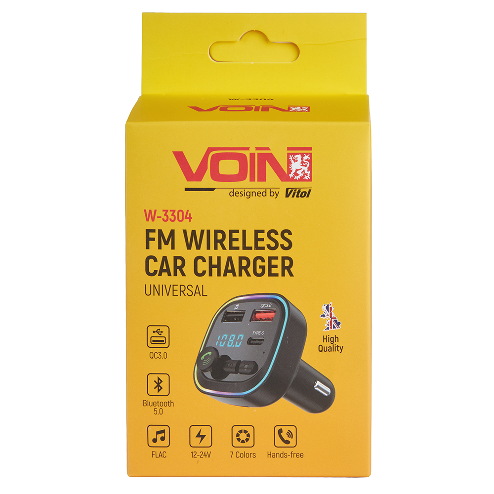 ��������� FM, VOIN W-3304, 12-24V 2 USB QC3.0, 1 Type C, BT5.0, Hands free