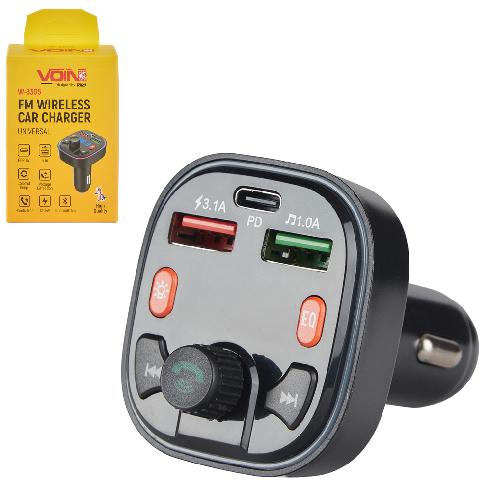 ��������� FM, VOIN W-3305, 12-24V 2 USB 3.1A, 1 PD 20W, BT5.3, Hands free, ���������