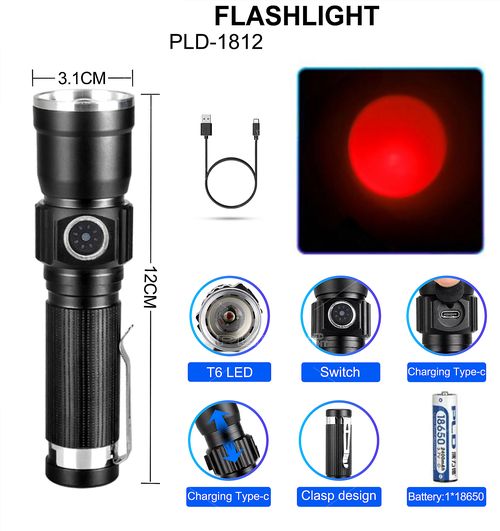 ˳���� Police PLD-1812-T6 (Red), 1x18650, ��������� ������, �� Type-C, zoom, Box