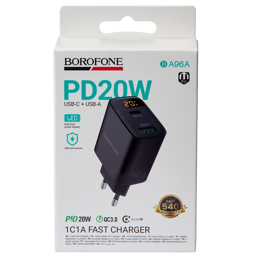 ��������� �������� �������  BOROFONE BA96A Type-C: 20W,  USB-A?18W LED �������, Black