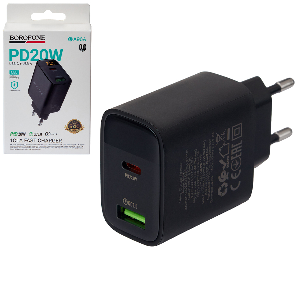 ��������� �������� �������  BOROFONE BA96A Type-C: 20W,  USB-A?18W LED �������, Black