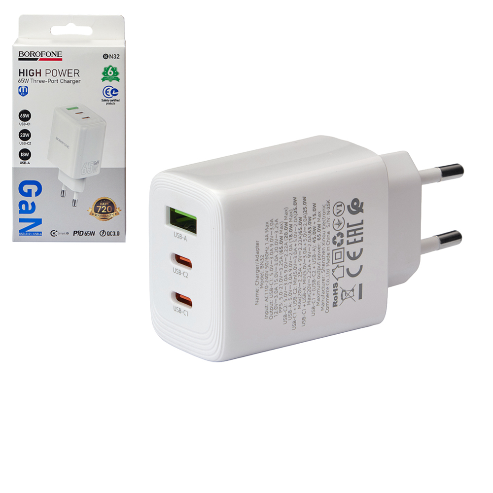 ��������� �������� �������  BOROFONE BN32 USB-C1:65W, USB-C2?20W, USB-A?18W White