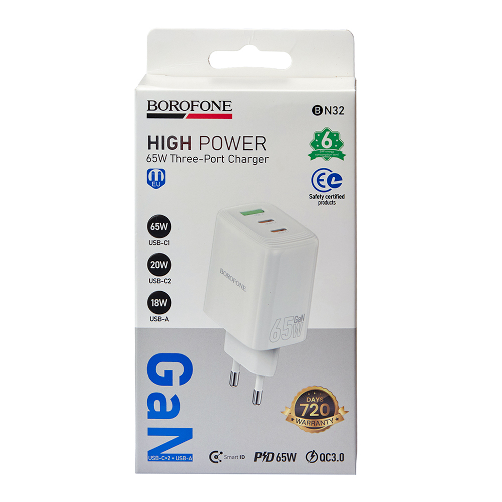��������� �������� �������  BOROFONE BN32 USB-C1:65W, USB-C2?20W, USB-A?18W White