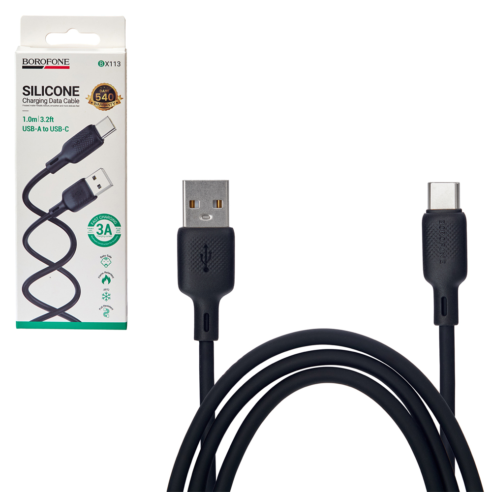 ������ BOROFONE BX113BK, USB - Type-C 3�, 1m, Black (������ �������/�������� �����)