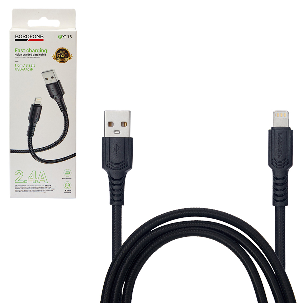������ BOROFONE BX116BK, USB - Lightning 2.4�, 1m, Black (������ �������/�������� �����)