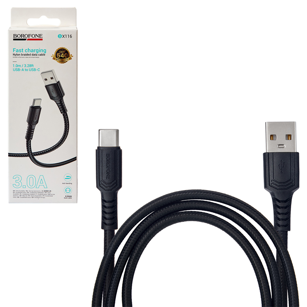 ������ BOROFONE BX116BK, USB - Type-C 3�, 1m, Black (������ �������/�������� �����)