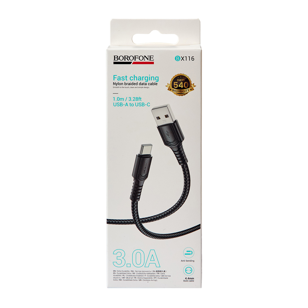������ BOROFONE BX116BK, USB - Type-C 3�, 1m, Black (������ �������/�������� �����)