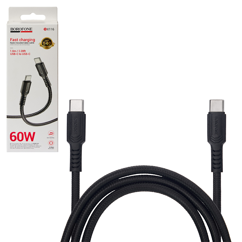 ������ BOROFONE BX116BK, Type-C - Type-C 60W, 1m, Black (������ �������/�������� �����)
