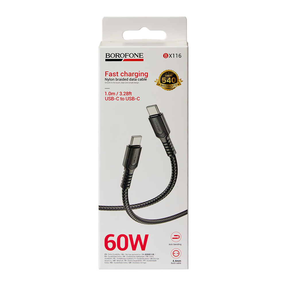 ������ BOROFONE BX116BK, Type-C - Type-C 60W, 1m, Black (������ �������/�������� �����)