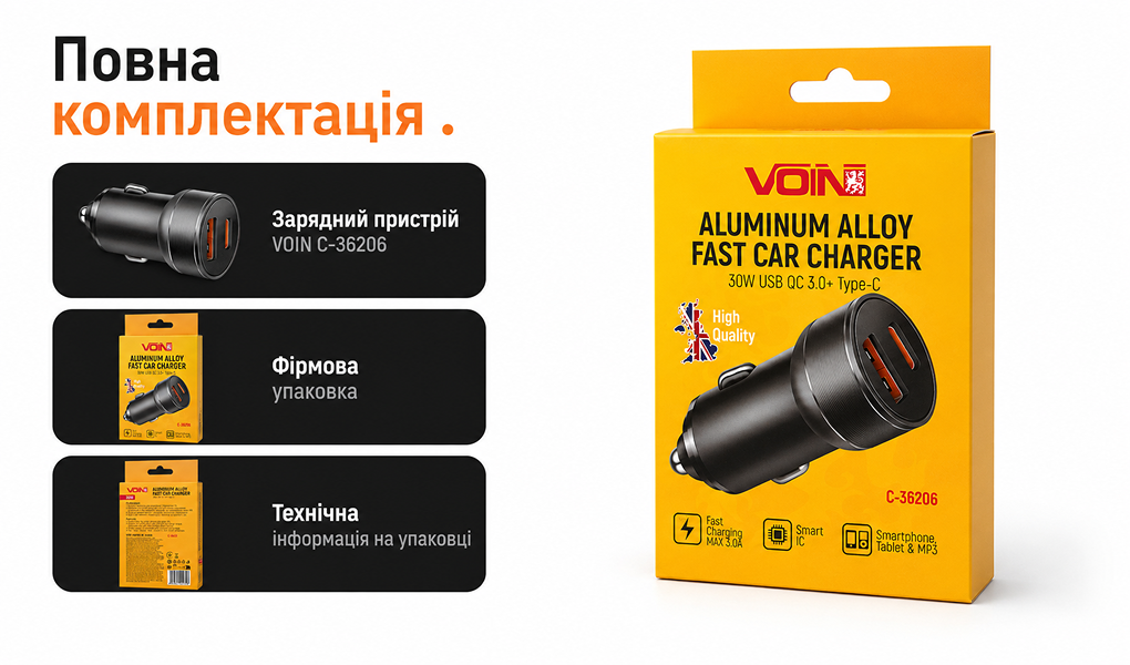 ������������ �������� ������� VOIN 30W, 1USB 10W + 1PD 27W, 12/24V