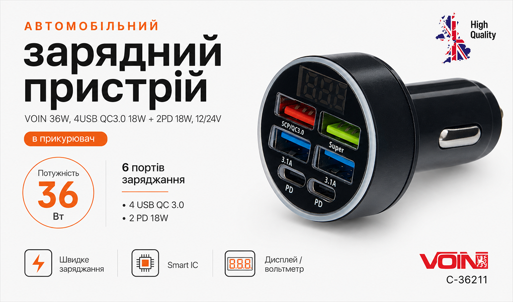 ������������ �������� ������� VOIN 36W, 4USB QC3.0 18W + 2PD 18W, 12/24V