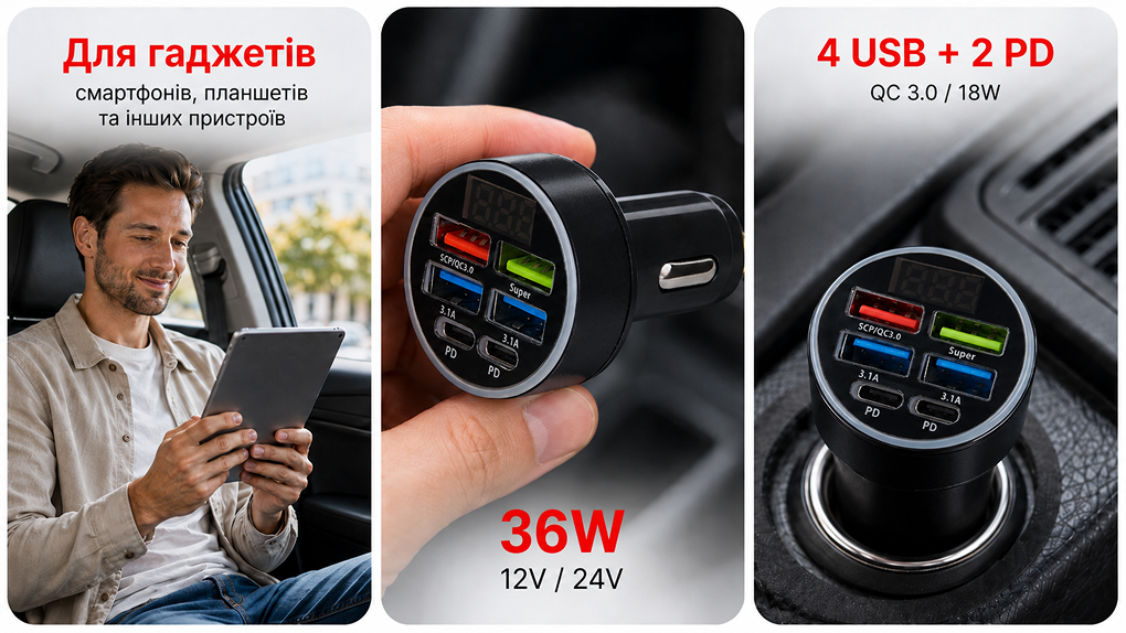 ������������ �������� ������� VOIN 36W, 4USB QC3.0 18W + 2PD 18W, 12/24V