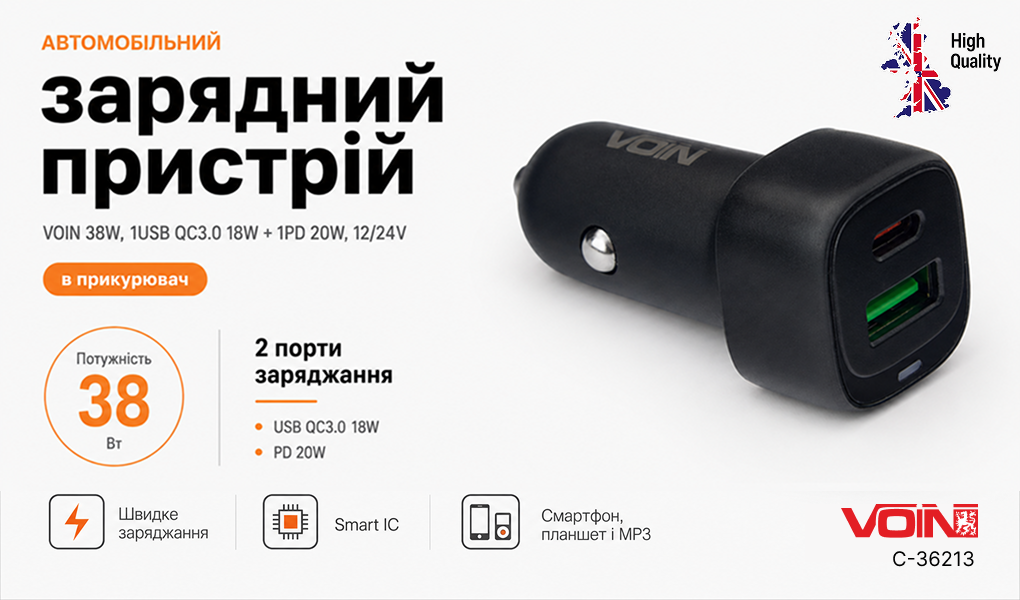 ������������ �������� ������� VOIN 38W, 1USB QC3.0 18W + 1PD 20W, 12/24V