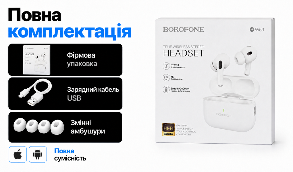��������� ��������� TWS BOROFONE BW59 White, bluetooth 5.3