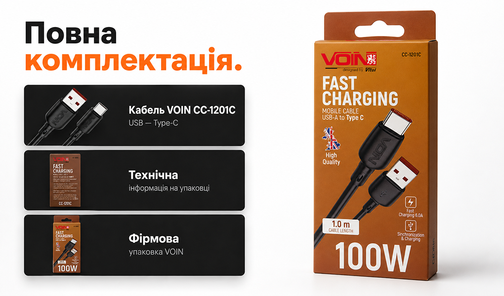 ������ VOIN CC-1201C USB - Type C 100W 1m, Black (������ �������/�������� �����)