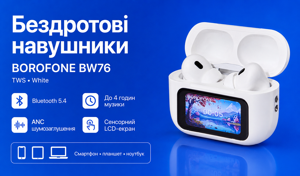 ��������� ��������� TWS BOROFONE BW76 White, bluetooth 5.4, ANC, ��������� �����