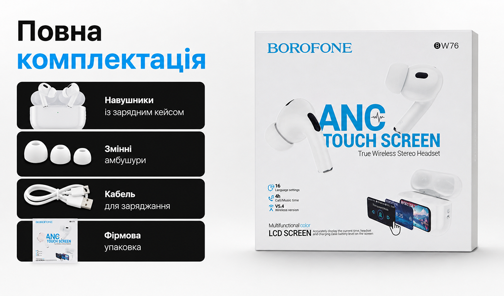 ��������� ��������� TWS BOROFONE BW76 White, bluetooth 5.4, ANC, ��������� �����