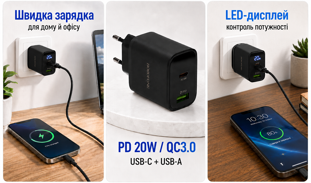 ��������� �������� �������  BOROFONE BA96A Type-C: 20W,  USB-A?18W LED �������, Black