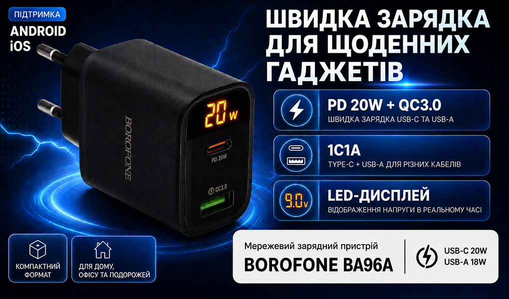 ��������� �������� �������  BOROFONE BA96A Type-C: 20W,  USB-A?18W LED �������, Black