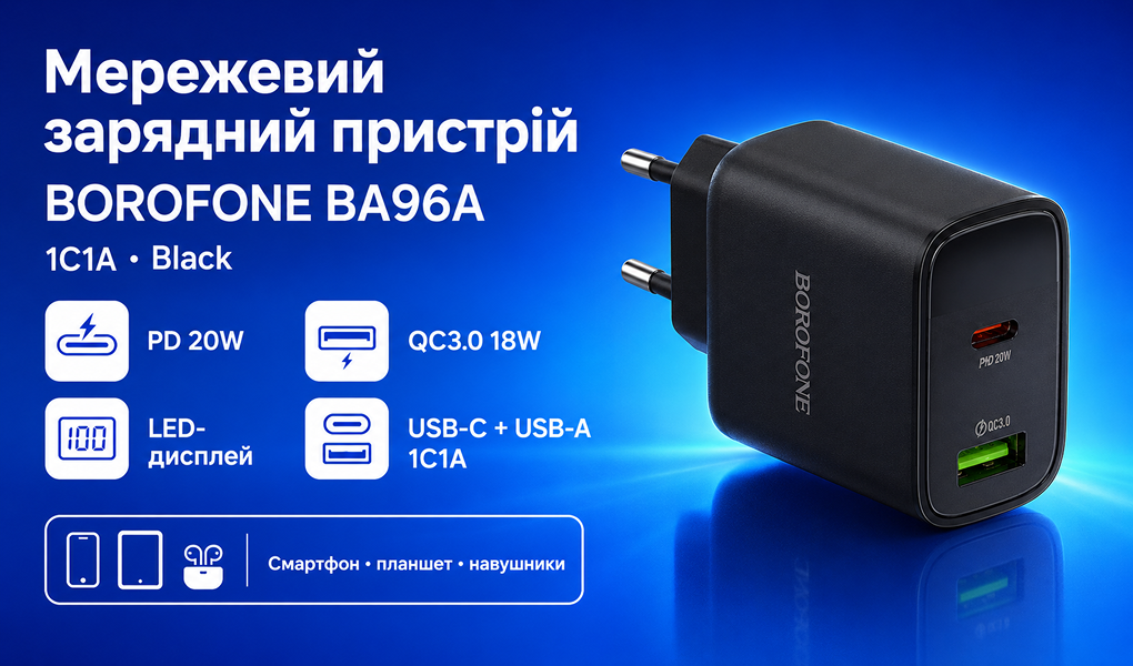 ��������� �������� �������  BOROFONE BA96A Type-C: 20W,  USB-A?18W LED �������, Black