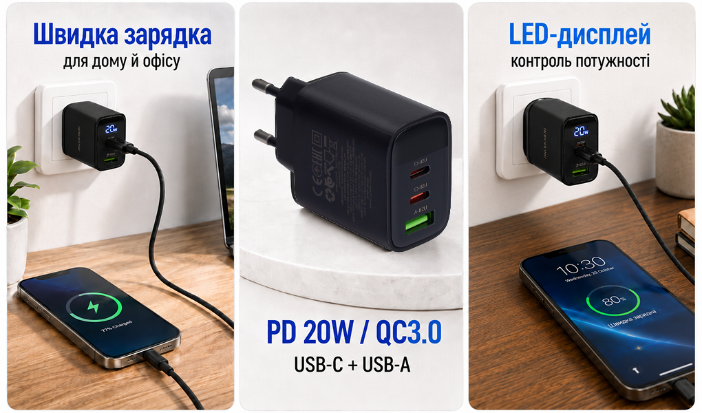 ��������� �������� �������� �������  BOROFONE BA98A USB-C1/C2:30W, USB-A?18W Black