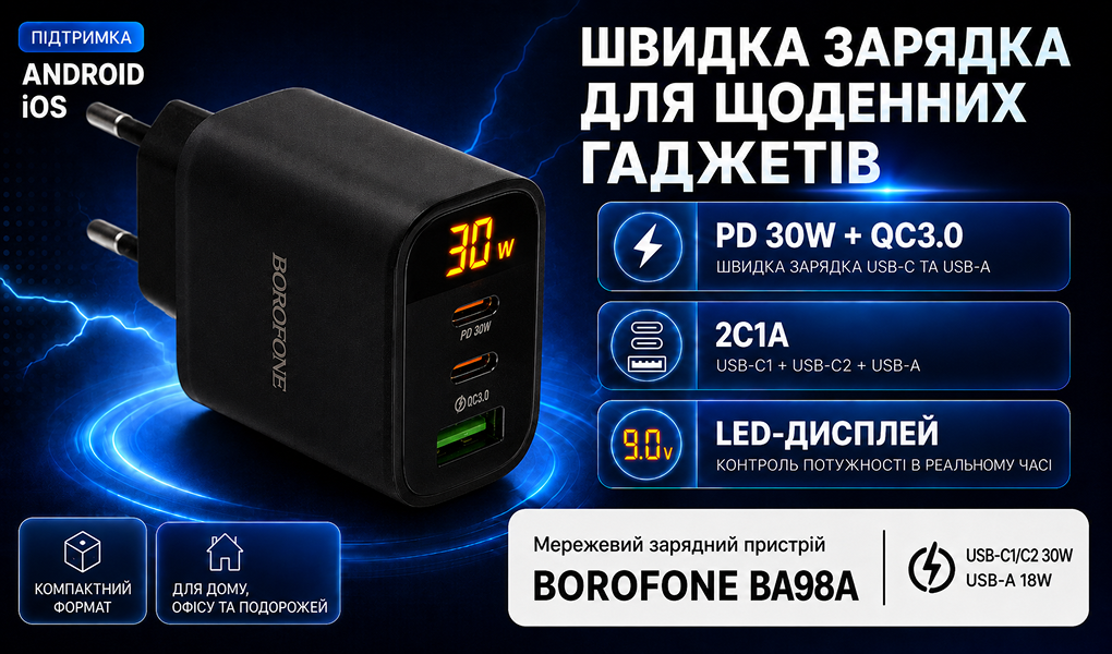 ��������� �������� �������� �������  BOROFONE BA98A USB-C1/C2:30W, USB-A?18W Black