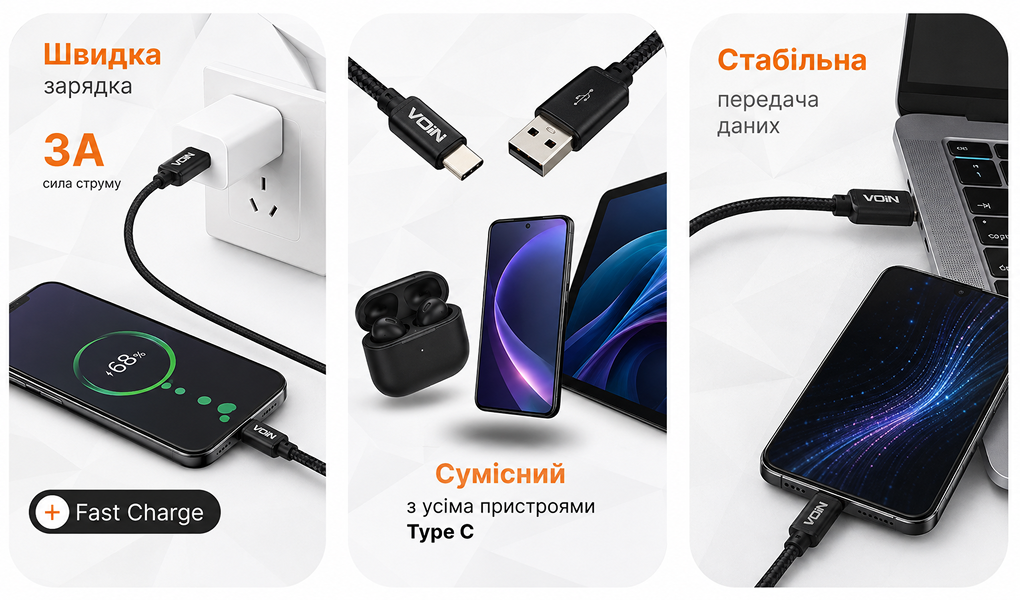 ������  VOIN CC-1701C USB - Type C 3�, 1m, black (������ �������/�������� �����)
