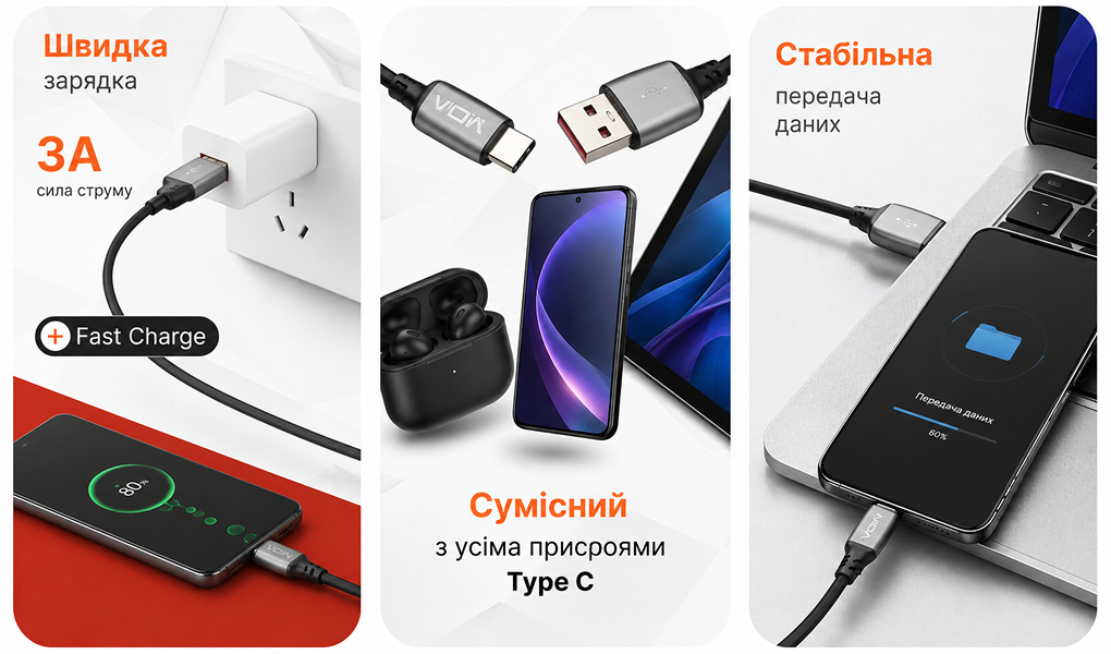 ������ VOIN CC-1703C USB - Type C 3A 1m, Black (������ �������/�������� �����)