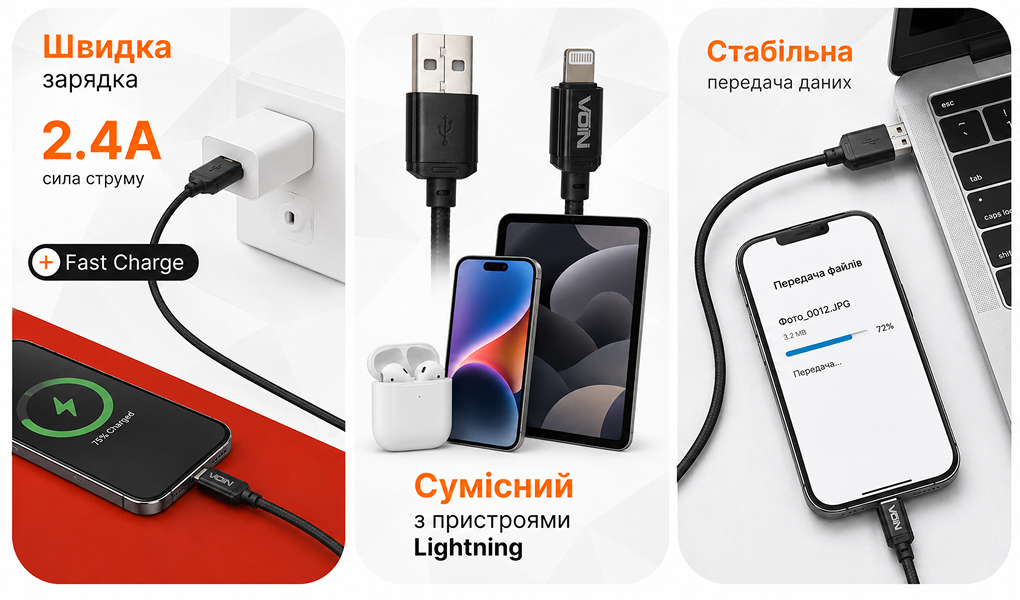������ VOIN CC-1502L USB - Lightning 2.4�, 1m, black (������ �������/�������� �����)
