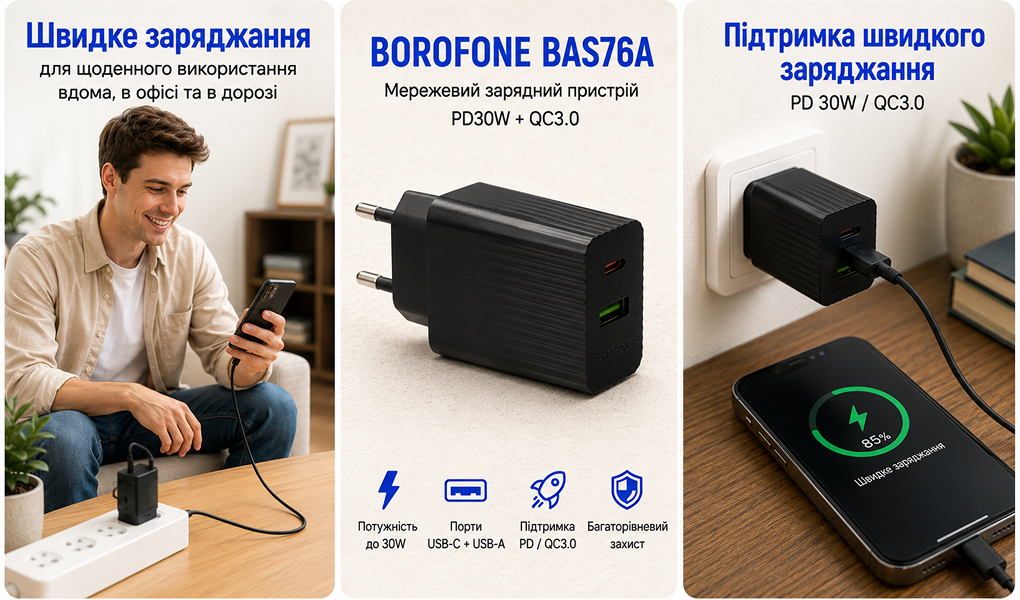 ��������� �������� �������  BOROFONE BAS76A PD30W+QC3.0 Black