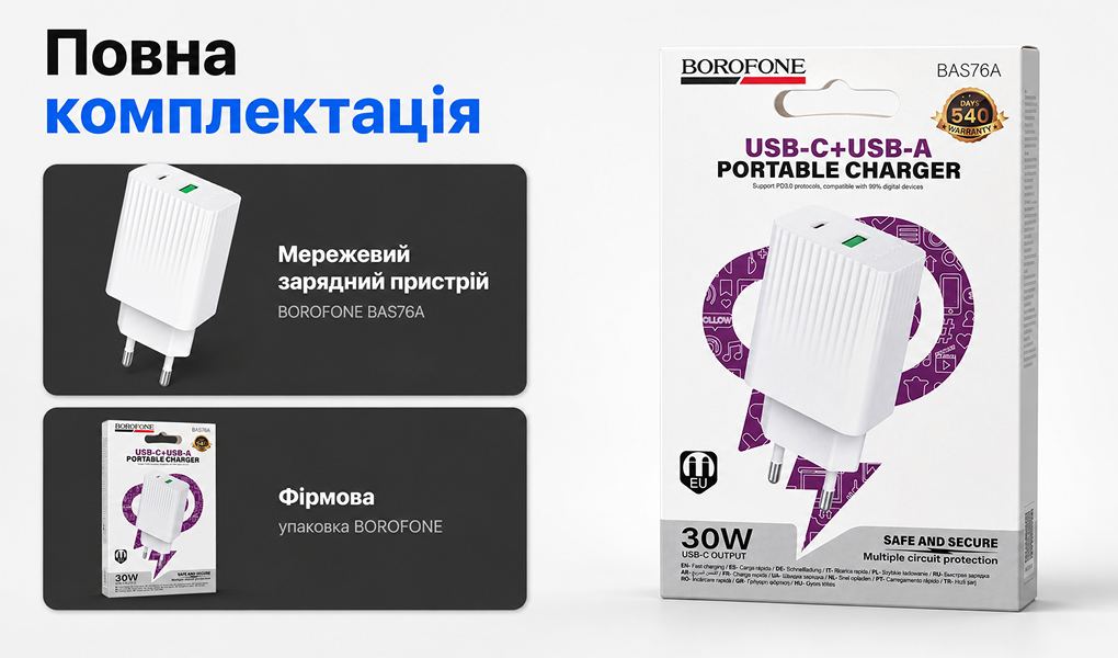 ��������� �������� �������  BOROFONE BAS76A PD30W+QC3.0 White