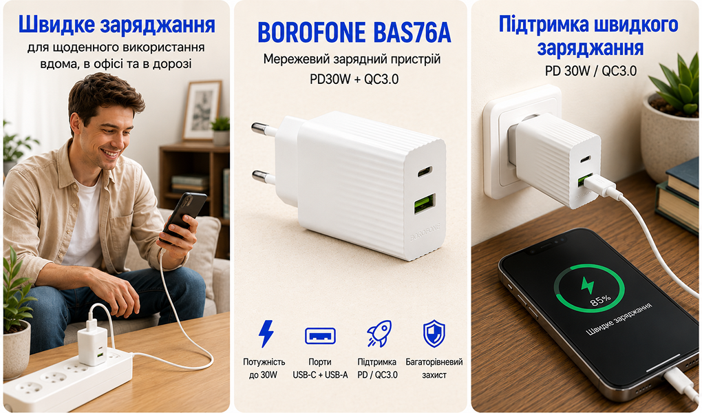 ��������� �������� �������  BOROFONE BAS76A PD30W+QC3.0 White