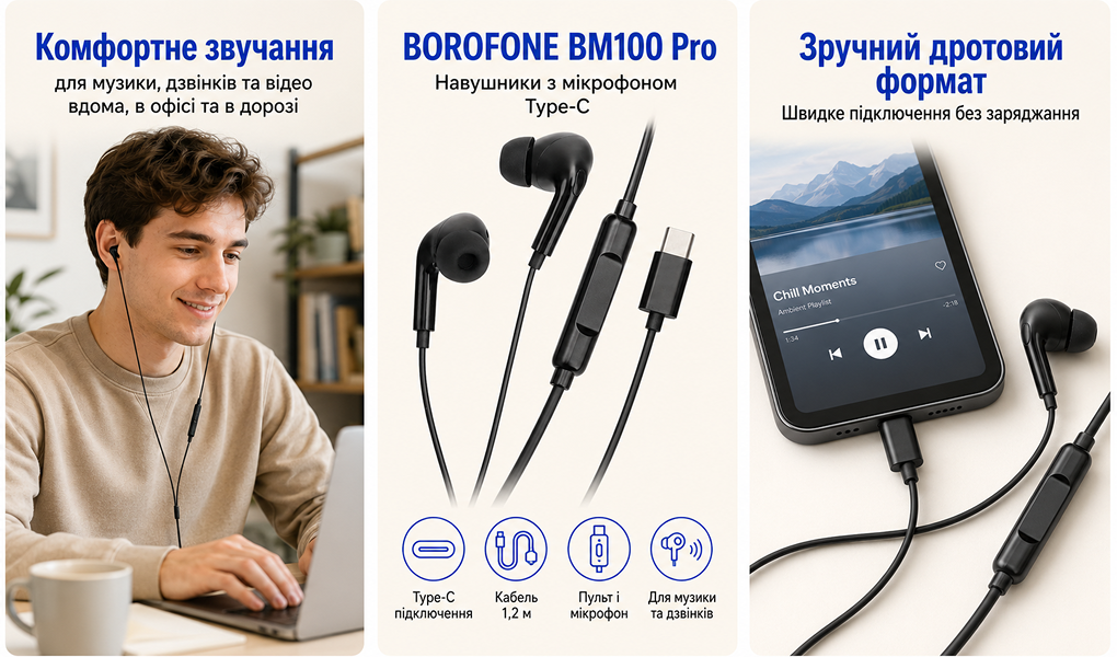 ��������� BOROFONE BM100 Pro � ���������, Type C, 1� Black