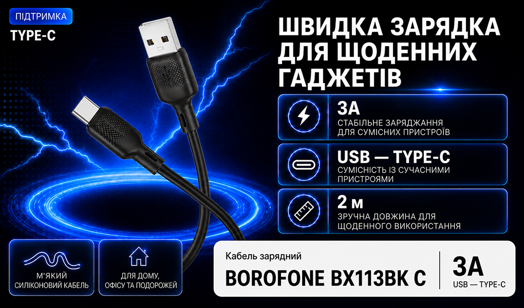 ������ BOROFONE BX113BK, USB - Type-C 3�, 2m, Black (������ �������/�������� �����)