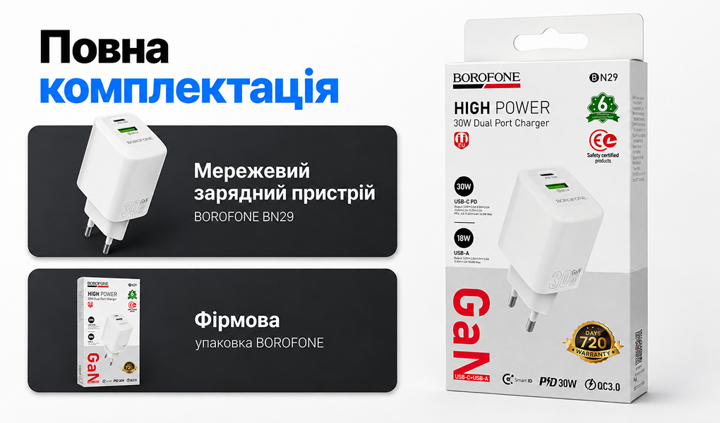 ��������� �������� �������  BOROFONE BN29 PD30W+QC3.0 18W White