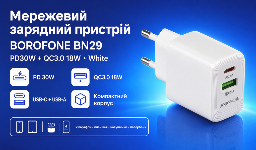 ��������� �������� �������  BOROFONE BN29 PD30W+QC3.0 18W White