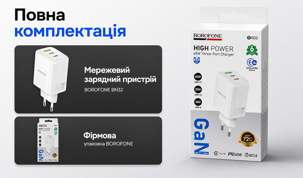 ��������� �������� �������  BOROFONE BN32 USB-C1:65W, USB-C2?20W, USB-A?18W White